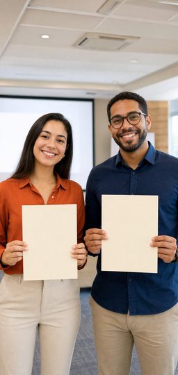 Dois colegas sorrindo durante o workshop, cada um com um flyer de boas-vindas